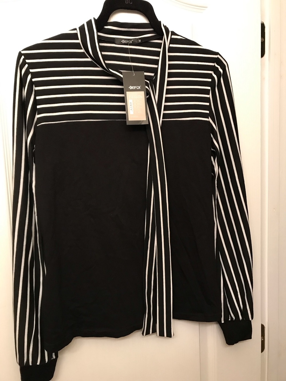 Black & White Striped Women’s Sweater with Attached Scarf/Tie
